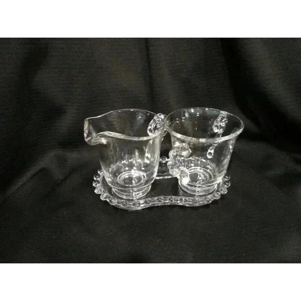 Sugar/Cream with Tray‎ Vntg Imperial Glass Candlewick  kitchenware knobby clear